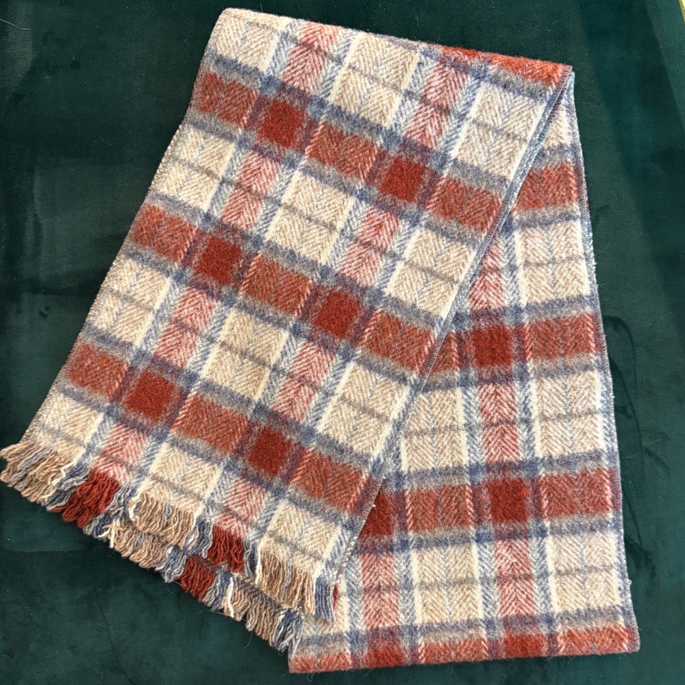 Plaid Brushed Fringe Scarf Rust Blue Cream Taupe Unisex 69x11 Winter